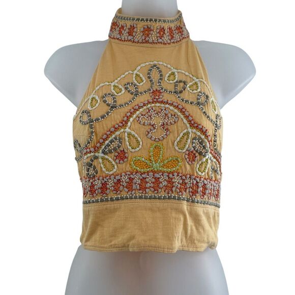 Free People Goa Embroidered Crop Top Yellow Size XS Tie Back Boho Halter Beaded - Picture 2 of 9